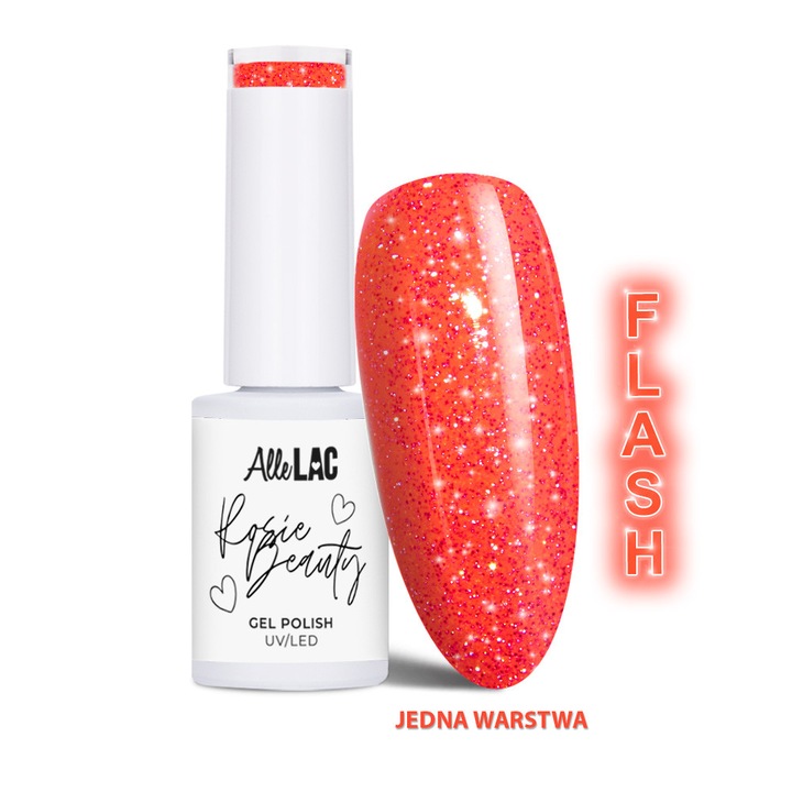 Lac de unghii semipermanent AlleLac x Rosie Beauty Spring Vibes Orange Sunset, efect flash cu sclipici, HEMA/Di-HEMA free, 6 g