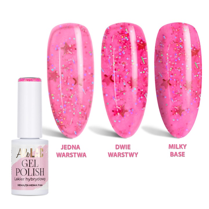 Lac de unghii hybrid LED/UV AlleLac Pinks PI35 Candy Stars, semi-transparent cu glitter si stele, fara HEMA/Di-HEMA, roz, 6 g