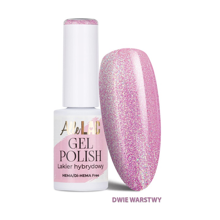 Lac gel semipermanent AlleLac PI39 Rosy Glow, fara HEMA/Di-HEMA, semi-transparent cu sclipici, roz, 6 g
