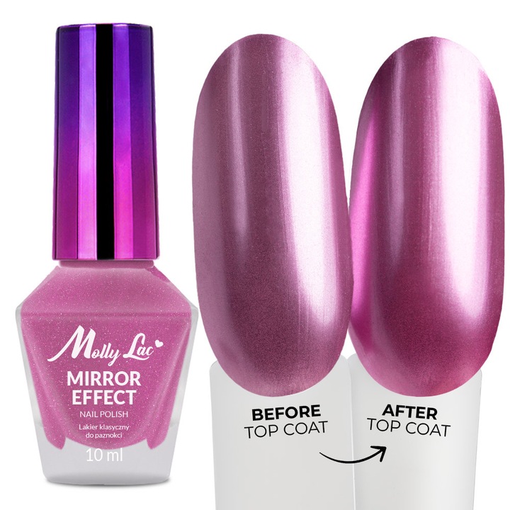 Lac de unghii MollyLac Mirror Nr 06, efect oglinda metalic, roz metalic, 10 ml