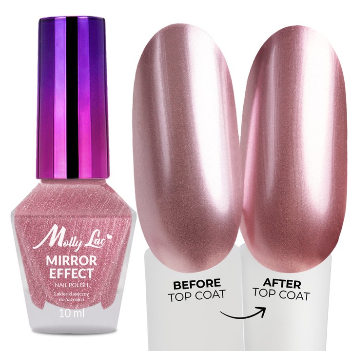 Lac de unghii MollyLac Mirror Nr 05, efect oglinda metalizat, roz metalic, 10 ml