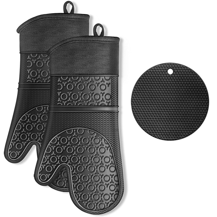 YANYXR BCS3184813 sütőkesztyű és edényfogó, szilikon + pamut, hőálló 250°C-ig, csúszásmentes, fekete, 2 kesztyű (14x37 cm) + kerek edényfogó (o20 cm)