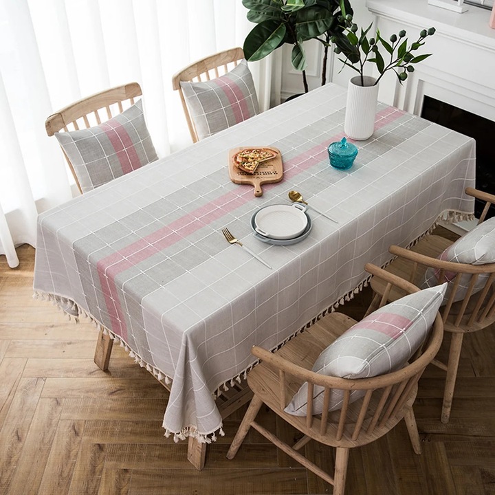 YANYXR BCS3184824 pamut és lenvászon asztalterítő, téglalap alakú, rojtokkal és hímzett kockás mintával, többszínű, 140 x 178 cm