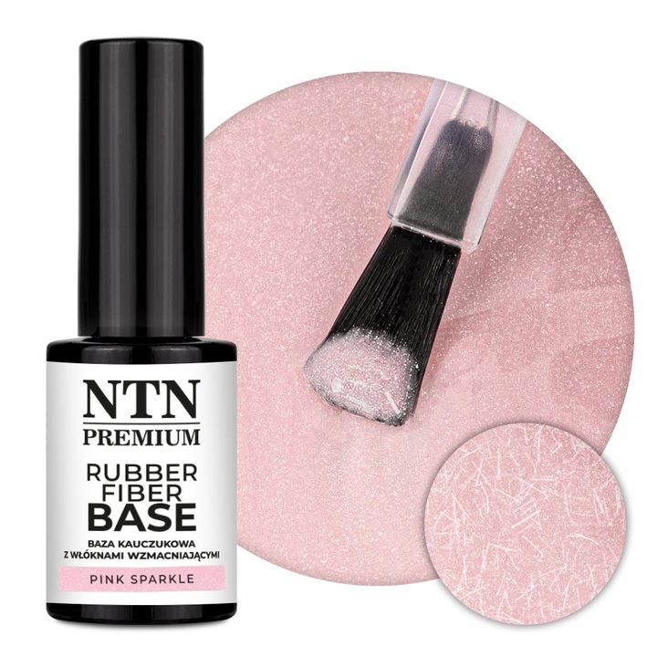 Baza cauciucata pentru unghii NTN Premium Rubber Fiber Base Limited Edition, cu fibre intaritoare, Pink Sparkle, 7 g