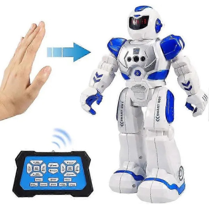 Програмируем робот играчка 31CJ-K0274-260805-004, интерактивен с разпознаване на жестове, говорещ и танцуващ, USB презареждаем с дистанционно управление, бял/син
