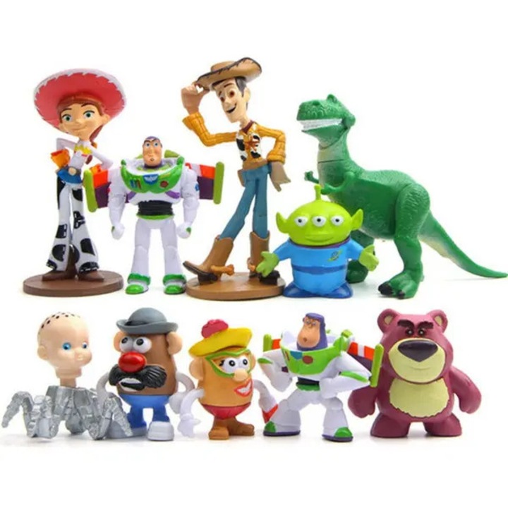 Set 10 figurine Toy Story din PVC, 7.5–10 cm, Woody, Buzz Lightyear, Jessie, Rex, extraterestru, Lotso, Mr. Potato Head, multicolor