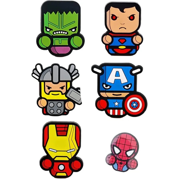 Set de 6 magneti de frigider cu personaje Avengers, PVC rezistent, magnetic, multicolor