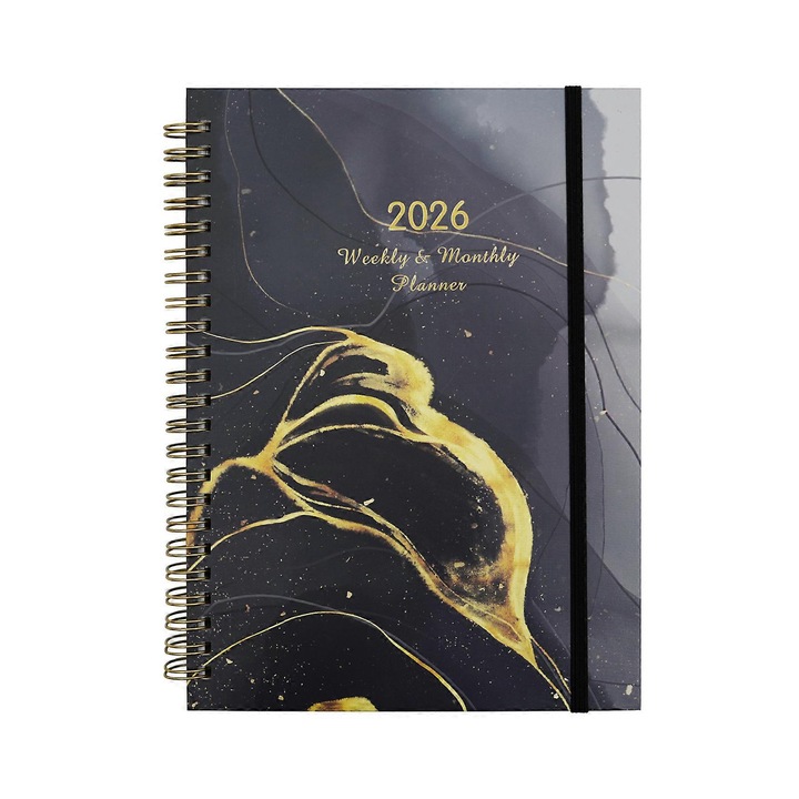 Agenda 2026 saptamanala si lunara, spiralata cu elastic, negru/auriu, 215 x 166 mm