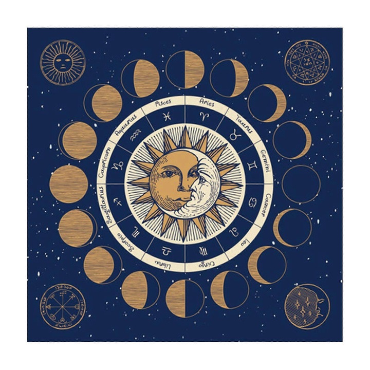 Flanel tarot terítő, zodiákus és holdfázis mintával, sötétkék/arany, 50x50 cm