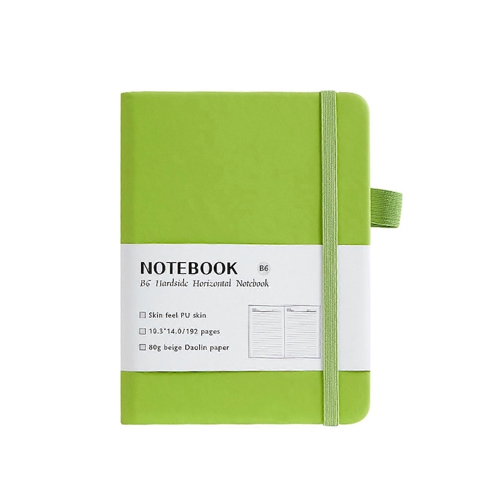 Notebook hardcover din piele PU B6 140x100 mm, 192 pagini (96 foi), hartie 80 g liniata, verde iarba, banda elastica si suport pix