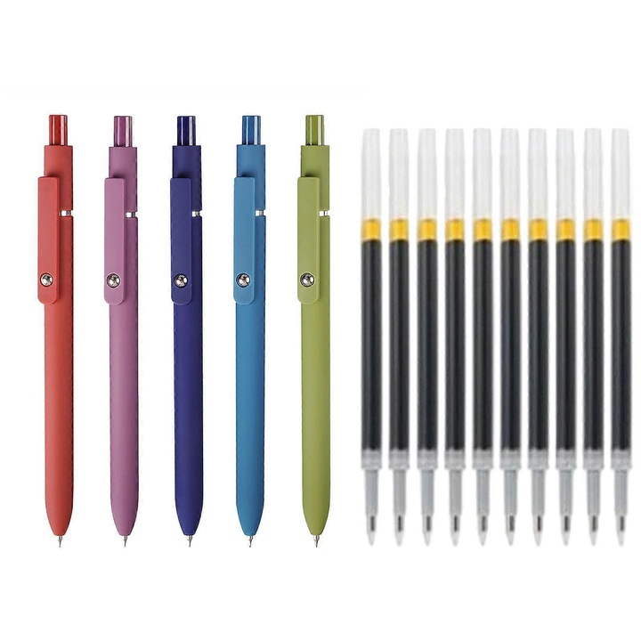 Pix gel retractabil emag-FU-K0548-26803-20984, 0,42 mm varf fin, uscare rapida, corp PP/ABS, set 5 pixuri + 10 rezerve, multicolor