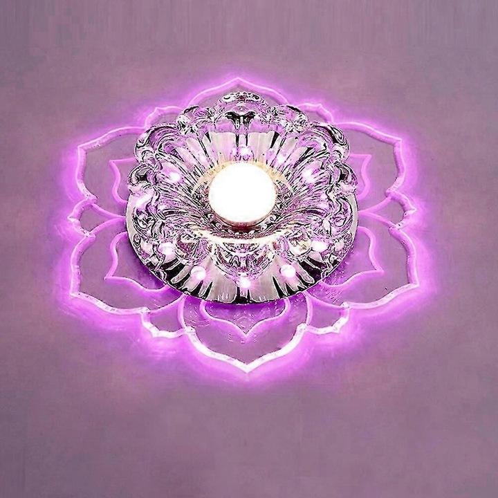 Lampa de plafon LED FG123K0225-260803-8816, 5W, abajur acrilic cu model floral, tip expus 20 x 7 cm, lumina colorata (roz), 220V