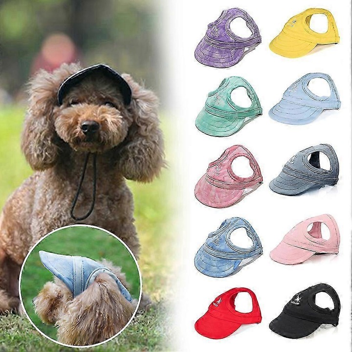 Sapca baseball pentru caini din canvas, cu orificii pentru urechi si curea reglabila, protectie solara, Cloud Green, marimi S/M/L/XL