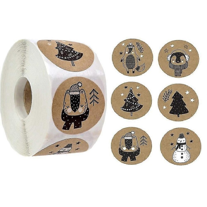 Etichete autocolante rotunde de Craciun FG123K0225-260803-9944, hartie kraft, adeziv detasabil, impermeabile, kraft/negru, 2,5 cm, 500 buc.