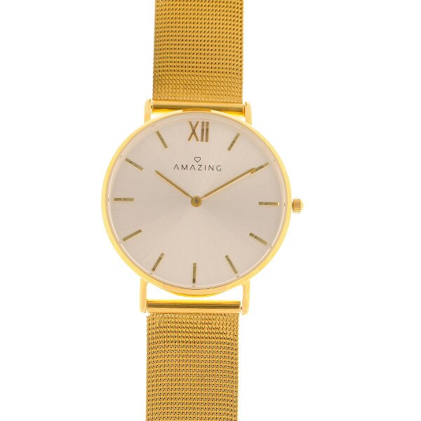 Ceas din otel inoxidabil, curea metalica aurie AMAZING Jewelry