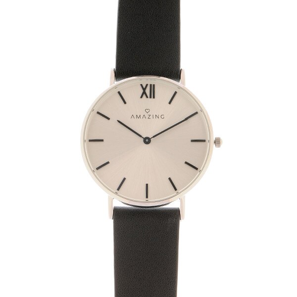 Ceas din otel inoxidabil, curea piele neagra AMAZING Jewelry