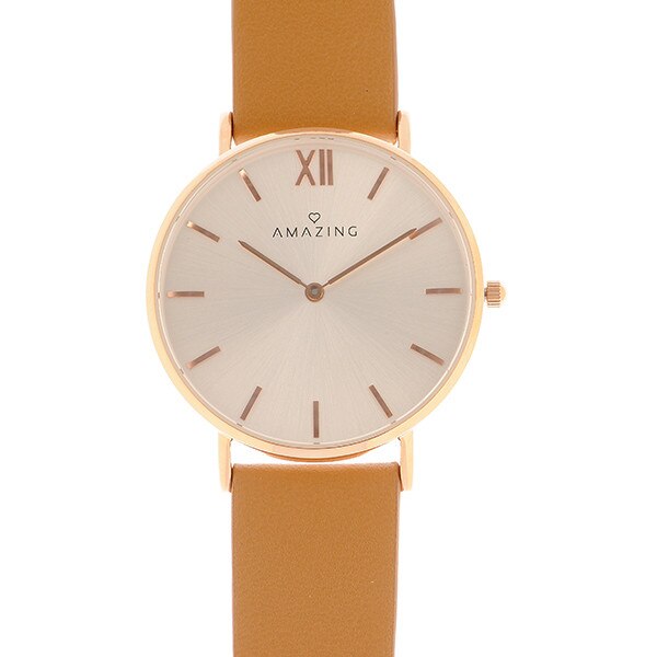 Ceas din otel inoxidabil, curea piele bej AMAZING Jewelry