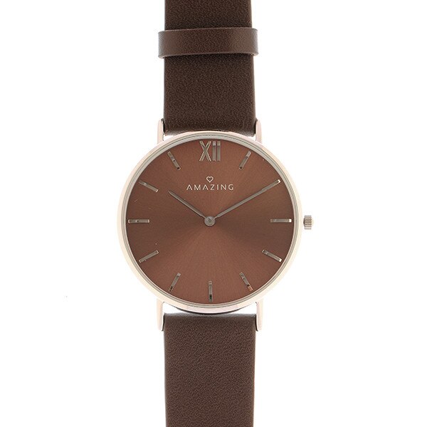 Ceas din otel inoxidabil, curea piele maro inchis AMAZING Jewelry