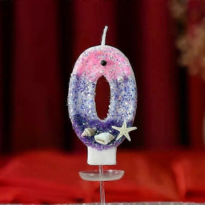 Lumanare tort cifra 0 din ceara, tema sirena, mov degrade cu sclipici si decor scoici, KD0425 (FG123K0225-260803-9294), 14.5 x 5.5 cm, 1 buc.