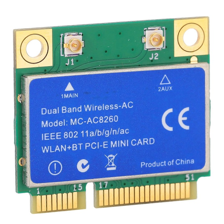 Безжична мрежова карта Mini PCI-E MC-AC8260, двубандова 802.11ac 2.4/5GHz, до 1200 Mbps, Bluetooth 4.2, интерфейс Mini PCI-E, конектор IPEX