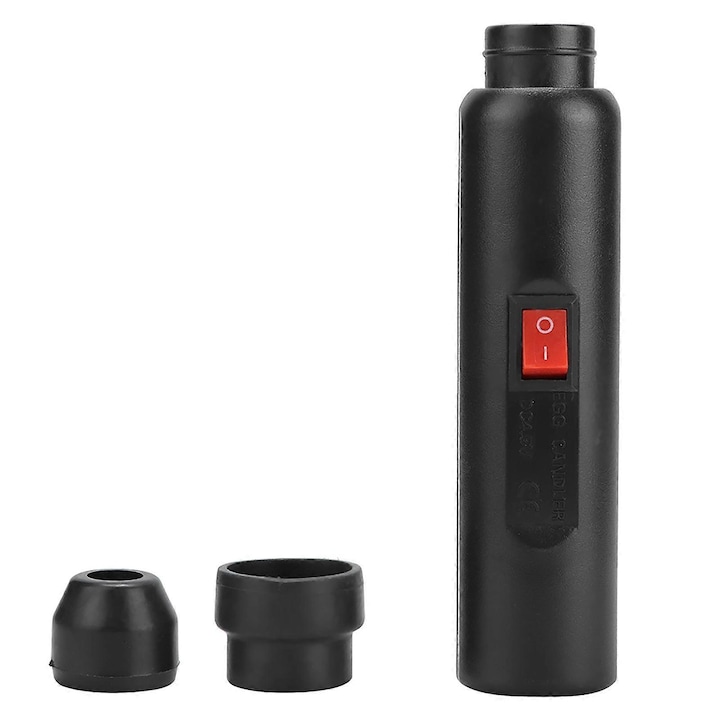Тестер за яйца CJ-FRG-K0563-20260805-2742, студено LED осветление, 100-240V и захранване 3xAA, включва UK адаптер и 3 капачки, черен, 15 см
