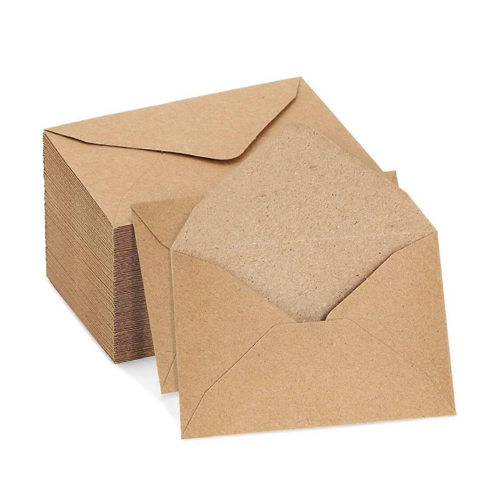 Plicuri din hartie fara imprimare, kraft maro, set 60 buc, dimensiuni mici 11.5 x 8 cm si mari 18.5 x 13.2 cm