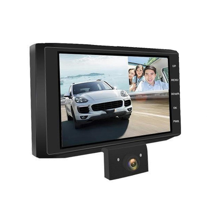 Camera auto DVR emag-FU-K0548-26803-6568, 2/3 lentile, ecran 4" , 1080P Full HD, unghi 170°, WDR pentru noapte, detectie miscare, negru, 116x60x40 mm