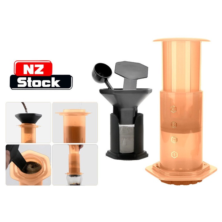 Cafetiera portabila manuala K0345-0806-TDCJ-xw2296, kit din PP/TPE si inox cu piston si filtru inclus, portocaliu, 100–500 ml, 10.5 x 13 cm