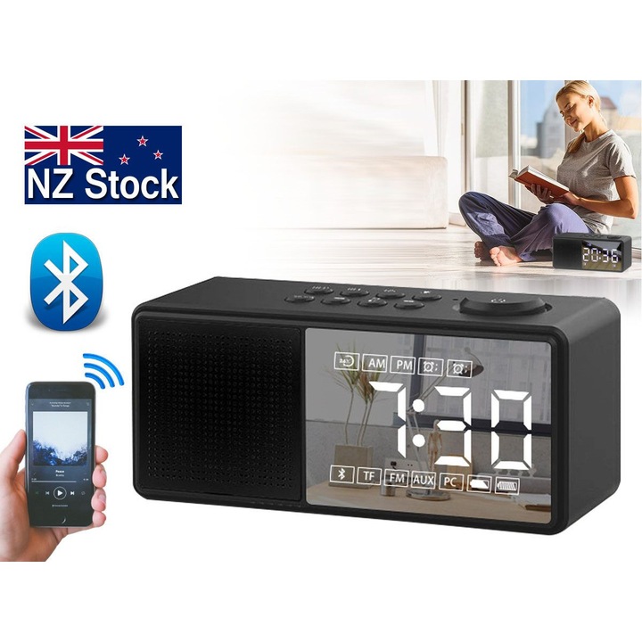 Радио будилник M02 K0345-0806-TDCJ-xw1534, Wi‑Fi, Bluetooth 5.0, 10W, батерия 2220mAh, FM/TF/AUX, микрофон, огледален екран с дисплей за час и температура, черен, 15 x 6 x 6.5 cm