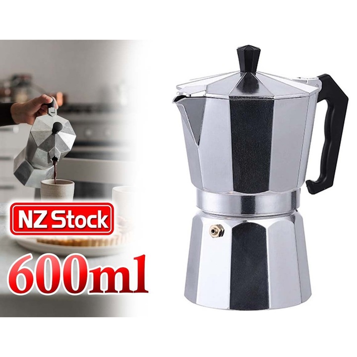 Кафеварка за котлон (Moka pot) K0345-0806-TDCJ-xw2247, 600 мл, алуминий, сребрист, 12 чаши, топлоустойчива дръжка и предпазен клапан