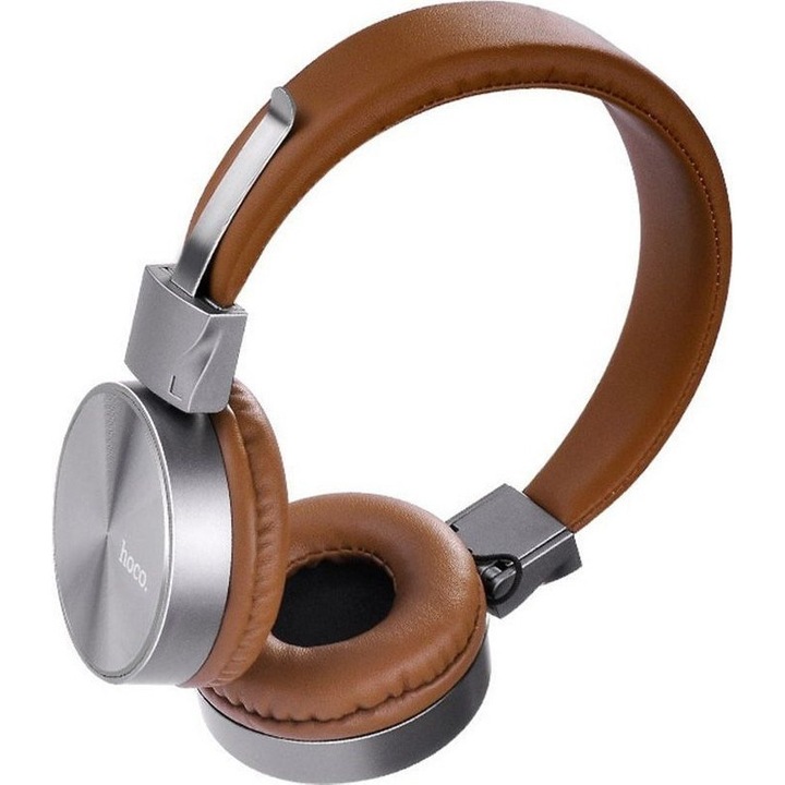 Casti stereo Hoco 6957531038948, difuzoare 40 mm, jack 3,5 mm, microfon si telecomanda, pliabile si reglabile, cablu 1,2 m, maro/argintiu