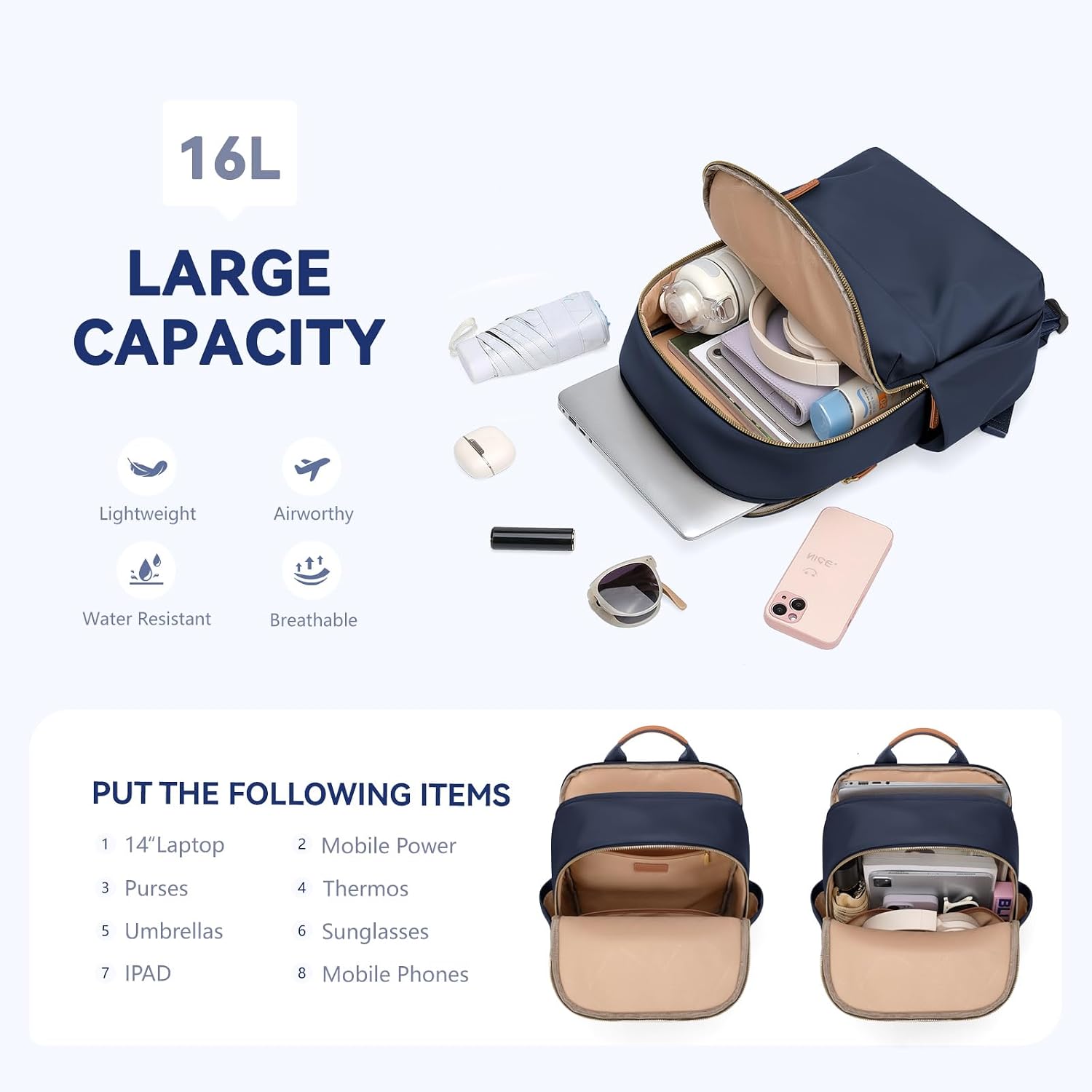 Rucsac Dama Laptop 14 Inch, Anti-furt, Business, Calatorie, Albastru Marin
