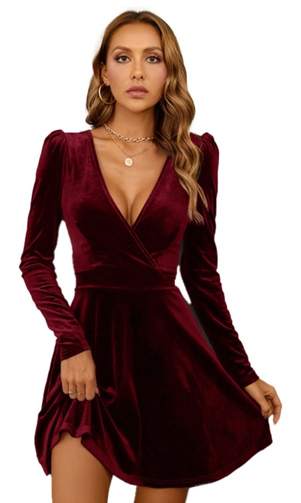 Rochie mini petrecuta bordou din catifea cu maneca lunga