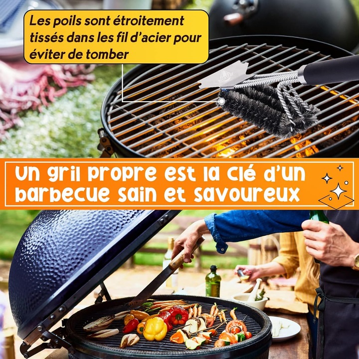 Grillkefe Carmdering EMAG-FG-BST3053365, rozsdamentes acél kefe integrált kaparóval, csúszásmentes PP fogantyú, 45 cm, 1 kefe + 1 szilikon ecset szett, fekete/ezüst