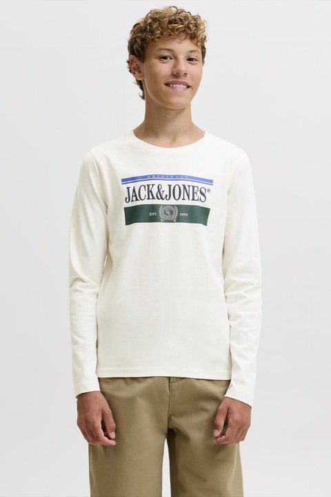 Jack & Jones, Памучна блуза с лого, Екрю