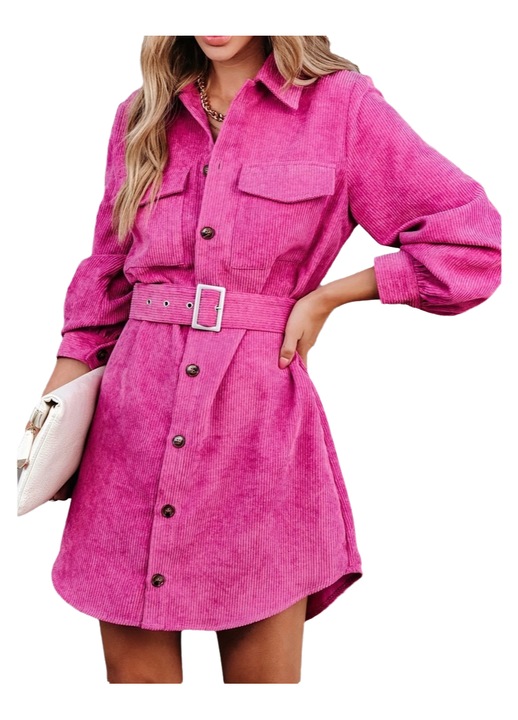Rochie camasa din catifea, lungime mini, roz, casual