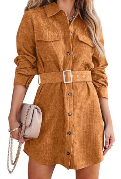 Rochie camasa casual maro catifea evazata maneca lunga