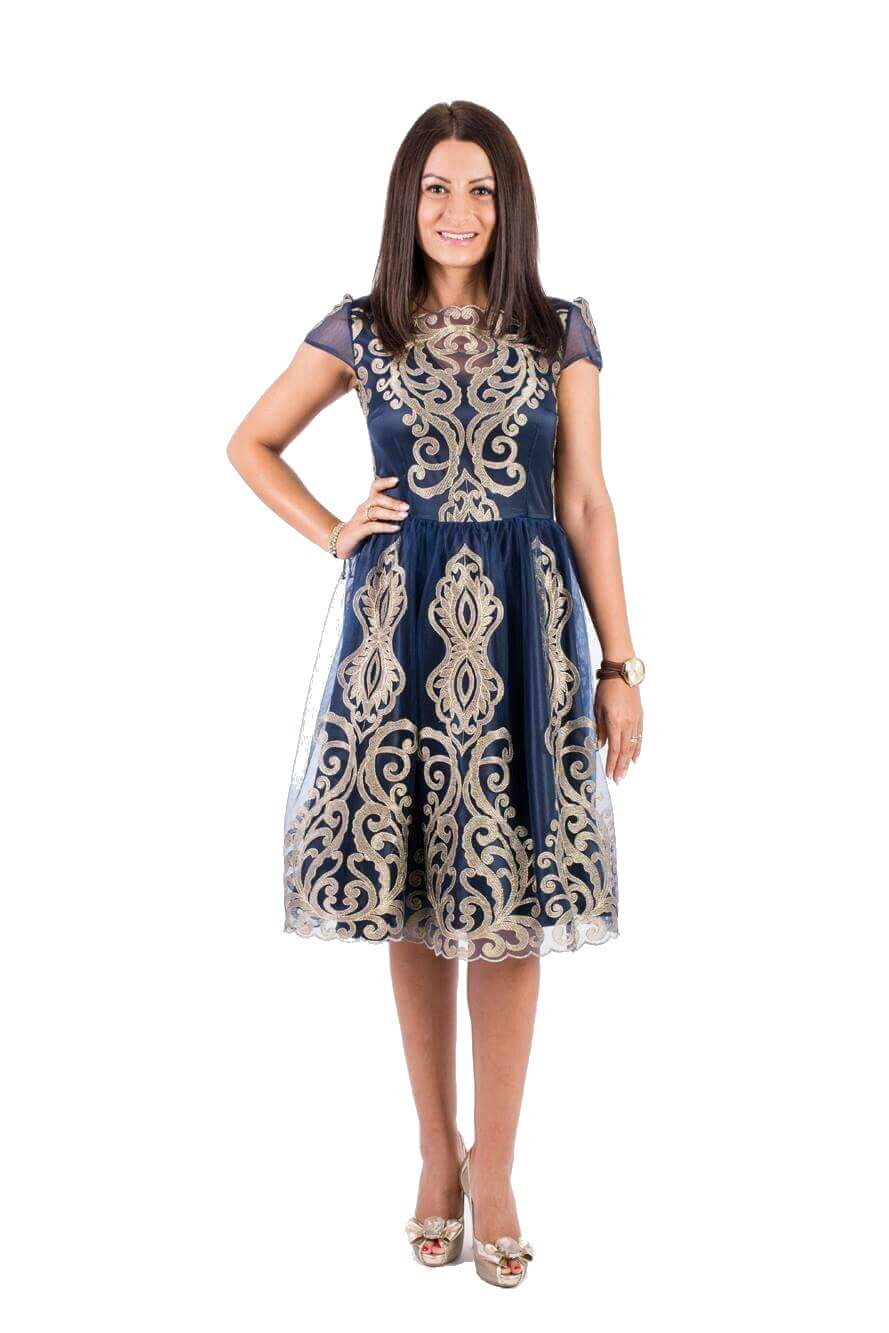 Rochie de ocazie bleumarin cu broderie aurie, marimea 38EU