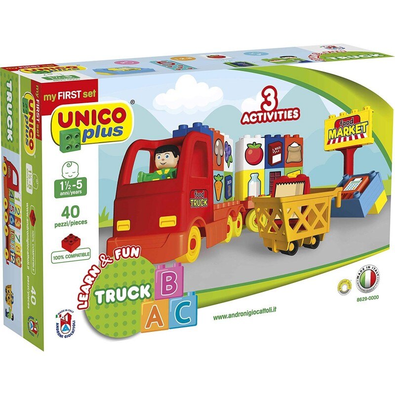 Set constructie cuburi cu alimente si numere Unico Camionul alimentelor cu o figurina, 40 piese multicolore si stickere personalizare