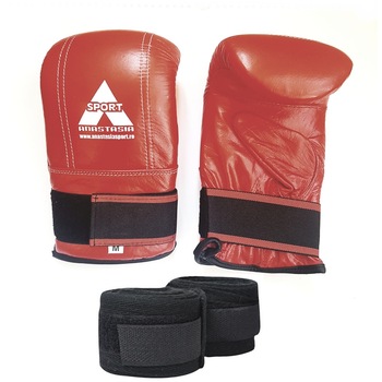 Manusi pentru sac / kick-box Anastasia Sport, piele naturala, marime M, rosii, bandaje incluse Manusi pentru sac / kick-box Anastasia Sport, piele naturala, marime M, rosii, bandaje incluse