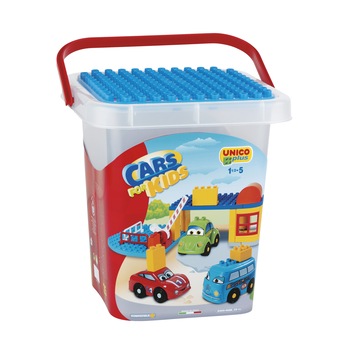 Set constructie cuburi plastic pentru copii in galetusa Unico Cars for Kids, masinute si garaj cu bariera, 35 piese multicolore si stickere personalizare Set constructie cuburi plastic pentru copii in galetusa Unico Cars for Kids, masinute si garaj cu bariera, 35 piese multicolore si stickere personalizare