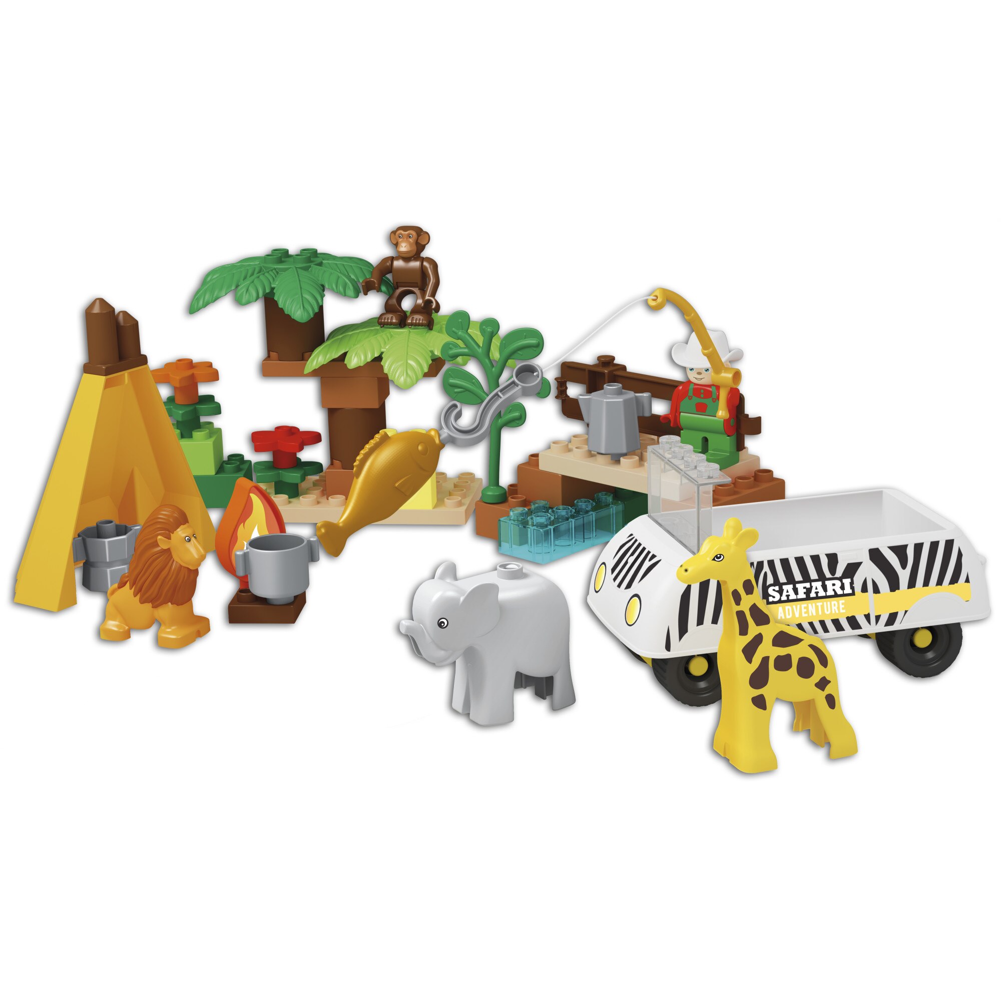 Set constructie cuburi plastic pentru copii Unico Safari Animale Salbatice cu cort campare si masinuta, 55 piese multicolore si stickere personalizare