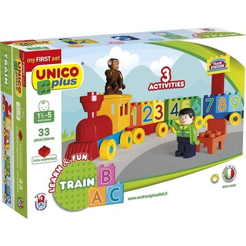 Set constructie cuburi cu numere pentru copii Unico Trenuletul cifrelor cu 2 figurine incluse, 33 piese multicolore si stickere personalizare Set constructie cuburi cu numere pentru copii Unico Trenuletul cifrelor cu 2 figurine incluse, 33 piese multicolore si stickere personalizare
