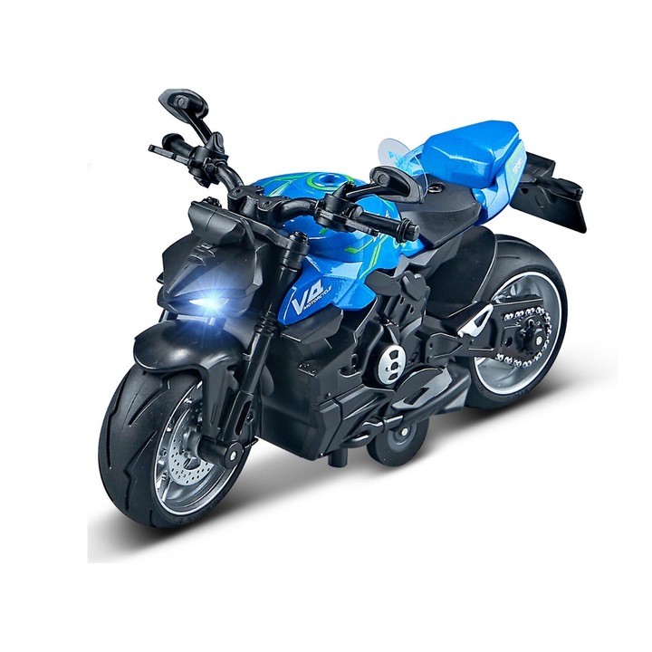 Fém játék motorkerékpár, 1:12 méretarány, hang- és fényeffektekkel, visszahúzható mechanizmussal, kék