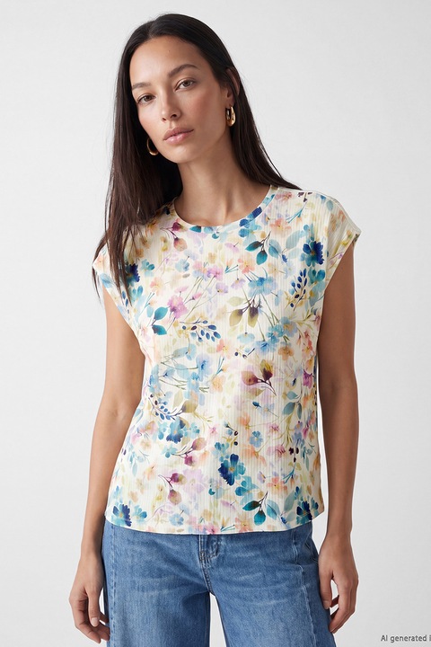 LC WAIKIKI, Tricou regular fit cu model floral, Verde smarald/Bej deschis, 4XL