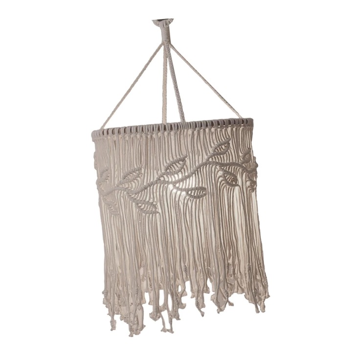 Abajur suspendat macrame YANYXR BCS3202974, handmade boho cu franjuri si model impletit, ivoriu, 30 x 50 cm