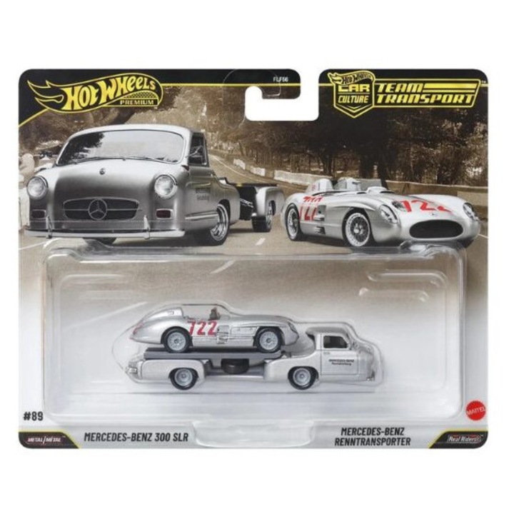 Team Transport Mercedes-Benz 300 SLR Uhlenhaut + 1955-ös Mercedes-Benz Blaues Wunder autómodell 1:64 méretarányban, Hot Wheels