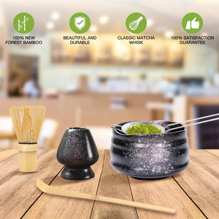 YANYXR BCS3204484 matcha készlet, 5 részes, bambusz és inox, márványos fekete kerámia tál