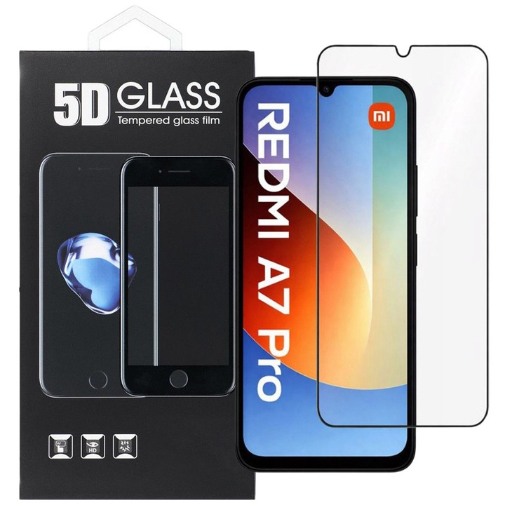 Xiaomi Redmi A7 Pro kompatibilis üvegfólia – teljes kijelzős, 9H edzett, fekete keretes, 5D