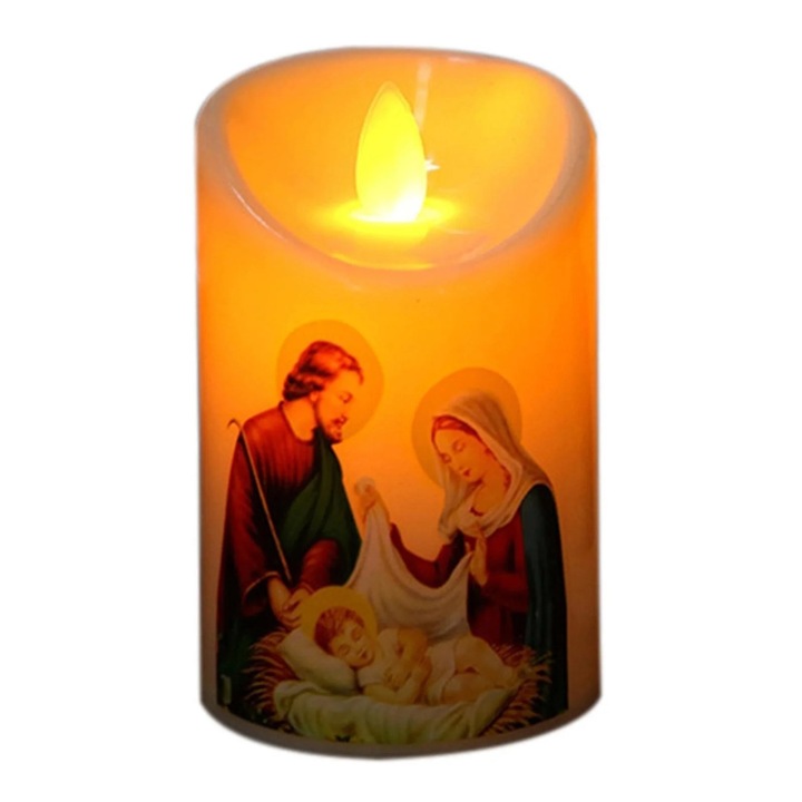 Lumanare LED fara flacara YANYXR BCS3203293, din PC cu decal religios, alimentare 3xAAA, galben-ambar, 12.5 x 7 cm